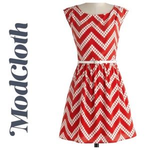 Red dress with white chevron dot print by Pink Owl, size S